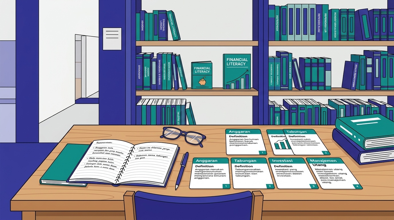Ilustrasi rak buku referensi dan catatan dasar literasi keuangan di atas meja baca