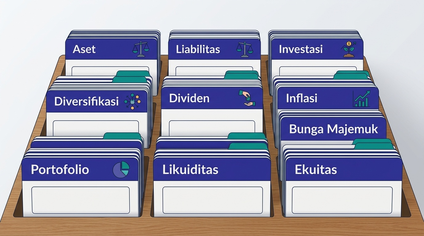 Ilustrasi kartu istilah finansial tersusun rapi sebagai entri glosarium